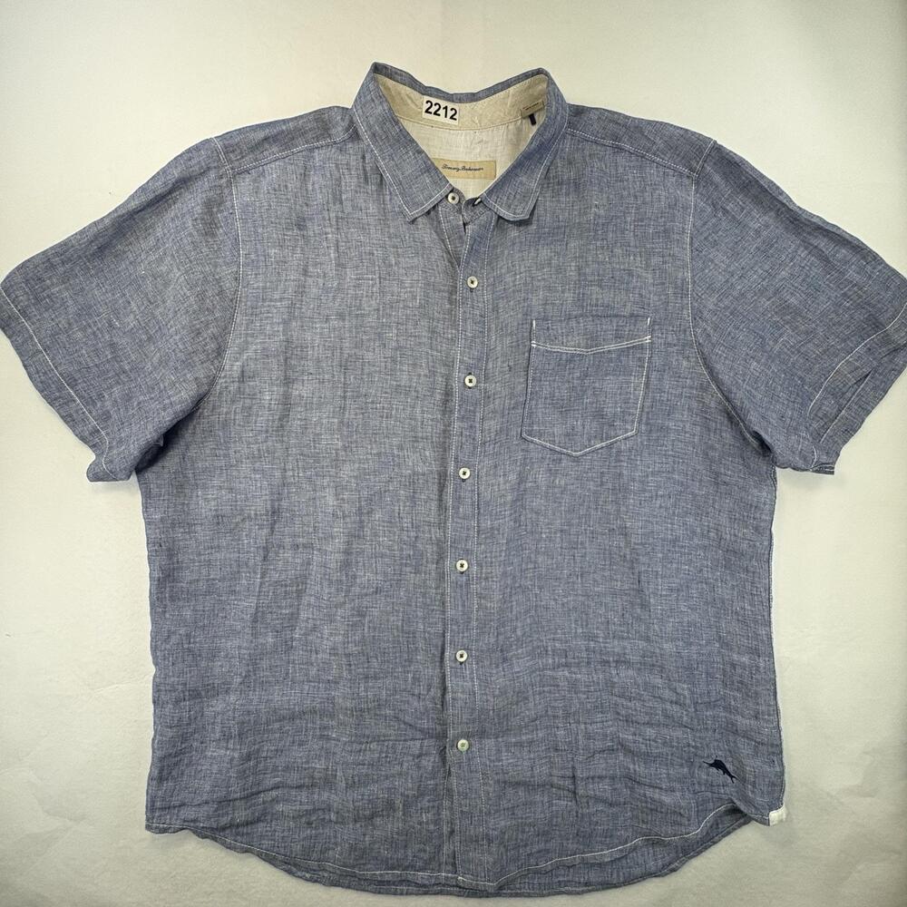 Tommy Bahama Shirt Mens XL Blue Solid Short Sleeve 100% Linen Button Up Casual